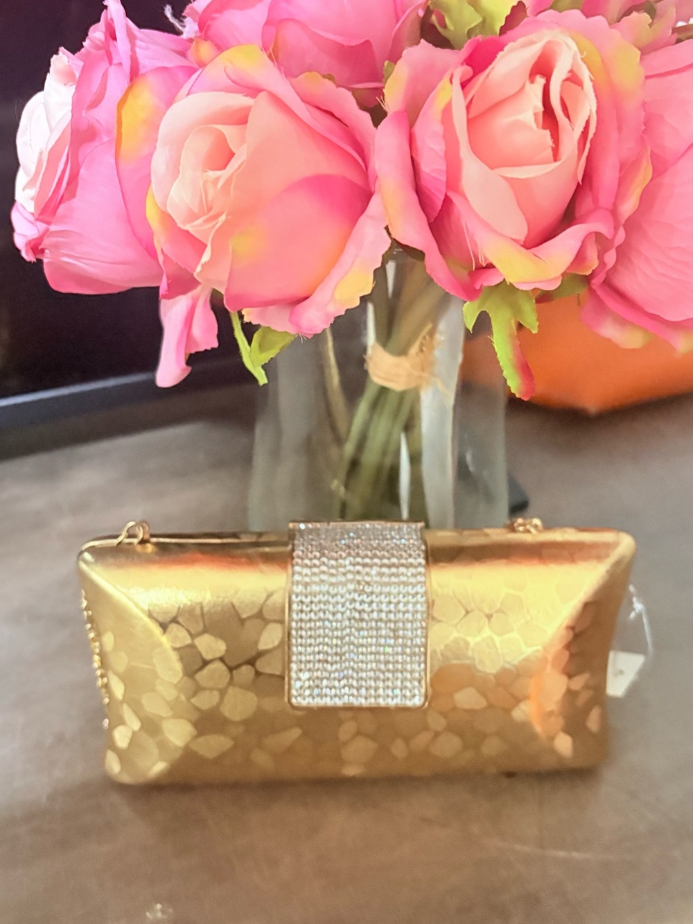 Gold Embellished Evening Clutch with Crystal Accent